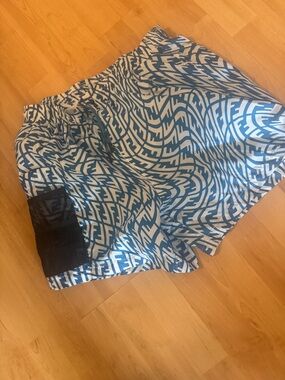 Fendi Blue & White Logo-Print Swim Shorts